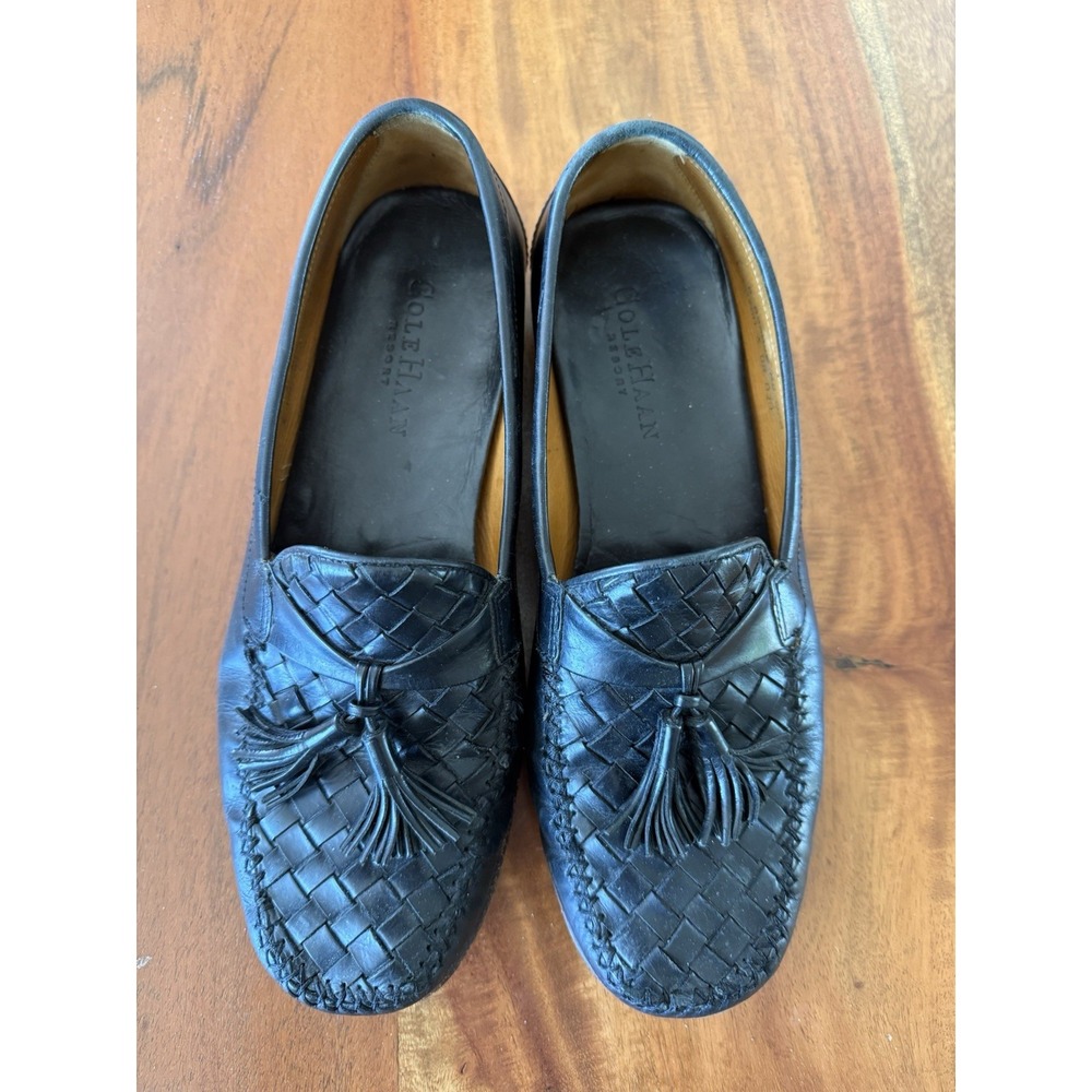 Cole Haan Mens Black Leather Loafers Slip On Shoes Tassel Woven Toe Box 7 D